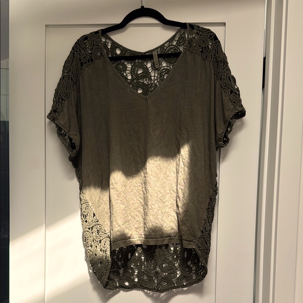 Olive Lace Back Linen Women's Top